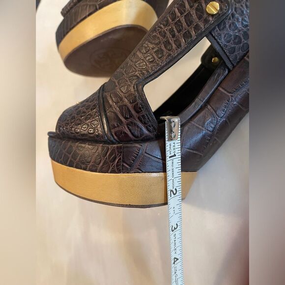 Tory Burch Monique Americana Brown Embossed Crocodile Peep Toe Sandals 10 M - Picture 9 of 9